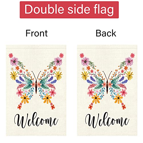 Welcome Spring Floral Garden Flag 12x18 Double Sided, Burlap Small Vertical Spring Butterfly Flower Garden Yard Flags for Seasonal Outside Outdoor House Decoration (Only Flag)