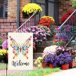 Welcome Spring Floral Garden Flag 12x18 Double Sided, Burlap Small Vertical Spring Butterfly Flower Garden Yard Flags for Seasonal Outside Outdoor House Decoration (Only Flag)