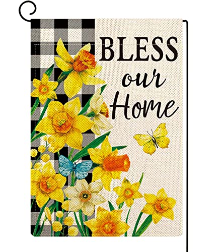 ORTIGIA Spring Floral Garden Flag Burlap Double Sided Vertical 12x18 Inch Bless Our Home Yard Decor Buffalo Plaid Check Summer Daffodils Flowers Butterflies Porch Flag Farmhouse Seasonal Outdoor Flag