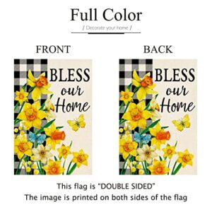 ORTIGIA Spring Floral Garden Flag Burlap Double Sided Vertical 12x18 Inch Bless Our Home Yard Decor Buffalo Plaid Check Summer Daffodils Flowers Butterflies Porch Flag Farmhouse Seasonal Outdoor Flag