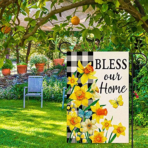 ORTIGIA Spring Floral Garden Flag Burlap Double Sided Vertical 12x18 Inch Bless Our Home Yard Decor Buffalo Plaid Check Summer Daffodils Flowers Butterflies Porch Flag Farmhouse Seasonal Outdoor Flag