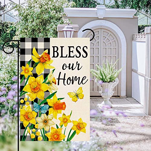 ORTIGIA Spring Floral Garden Flag Burlap Double Sided Vertical 12x18 Inch Bless Our Home Yard Decor Buffalo Plaid Check Summer Daffodils Flowers Butterflies Porch Flag Farmhouse Seasonal Outdoor Flag