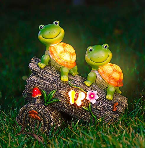 WOGOON Garden Turtle Figurines Outdoor Decorations, Solar Powered Sweet Frog Face Turtles Resin Statue with 4 LED Lights, Garden Art Spring Fall Winter Christmas Decor for Patio Lawn Yard