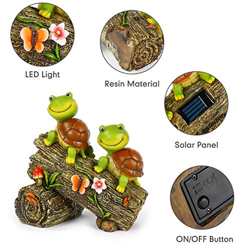 WOGOON Garden Turtle Figurines Outdoor Decorations, Solar Powered Sweet Frog Face Turtles Resin Statue with 4 LED Lights, Garden Art Spring Fall Winter Christmas Decor for Patio Lawn Yard