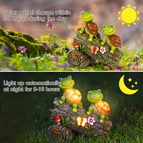 WOGOON Garden Turtle Figurines Outdoor Decorations, Solar Powered Sweet Frog Face Turtles Resin Statue with 4 LED Lights, Garden Art Spring Fall Winter Christmas Decor for Patio Lawn Yard