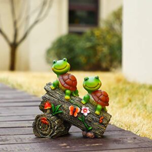 WOGOON Garden Turtle Figurines Outdoor Decorations, Solar Powered Sweet Frog Face Turtles Resin Statue with 4 LED Lights, Garden Art Spring Fall Winter Christmas Decor for Patio Lawn Yard