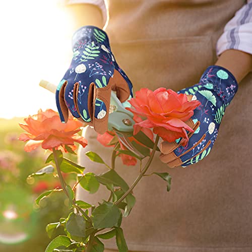 Leather Gardening Gloves for Women - Working Gloves for Weeding, Digging, Planting, Raking and Pruning (B-Blue)