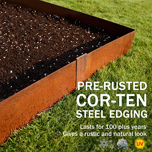 Worth Garden 6 Pack Cor-Ten Steel Landscape Edging w/Rust Patina Finish - 40" L x 8" H Strips - Hammer-in 14-Gauge Metal Corten Edging Border w/ 7 Clips & Gloves - Edge for Lawn Yard (20Ft Total)