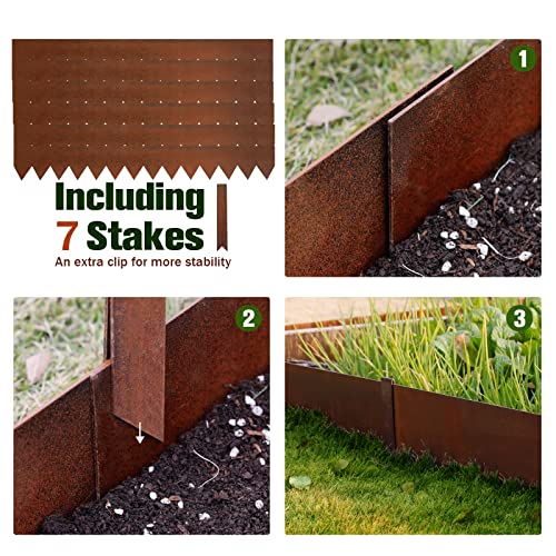 Worth Garden 6 Pack Cor-Ten Steel Landscape Edging w/Rust Patina Finish - 40" L x 8" H Strips - Hammer-in 14-Gauge Metal Corten Edging Border w/ 7 Clips & Gloves - Edge for Lawn Yard (20Ft Total)