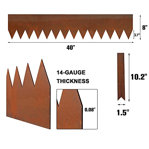 Worth Garden 6 Pack Cor-Ten Steel Landscape Edging w/Rust Patina Finish - 40" L x 8" H Strips - Hammer-in 14-Gauge Metal Corten Edging Border w/ 7 Clips & Gloves - Edge for Lawn Yard (20Ft Total)