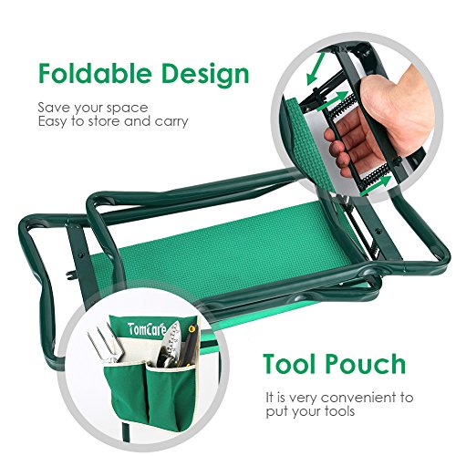 TomCare Garden Kneeler Seat Garden Bench Garden Stools Foldable Stool with Tool Bag Pouch EVA Foam Pad Outdoor Portable Kneeler Gardening Gifts for Women Men, Large 21.65"x10.62"x18.89", Green