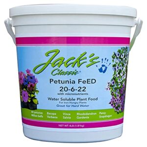 jack’s classic 20-6-22 petunia feed water soluble low phosphorous iron booster flower & plant food for container gardens and hanging baskets, 4 pounds