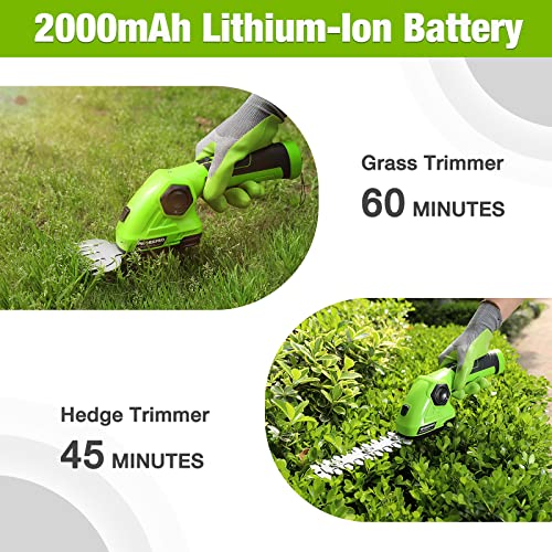 WORKPRO Cordless Grass Shear & Shrubbery Trimmer - 2 in 1 Handheld Hedge Trimmer 7.2V Electric Grass Trimmer Hedge Shears/Grass Cutter 2.0Ah Rechargeable Lithium-Ion Battery and USB Cable Included