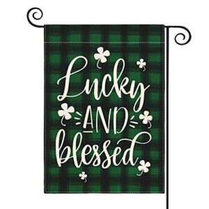 avoin colorlife lucky and blessed watercolor buffalo plaid shamrock garden flag double sided, st patricks day yard outdoor flag 12×18 inch