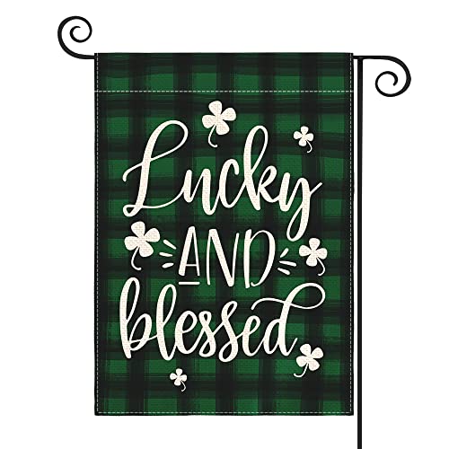 AVOIN colorlife Lucky and Blessed Watercolor Buffalo Plaid Shamrock Garden Flag Double Sided, St Patricks Day Yard Outdoor Flag 12x18 Inch