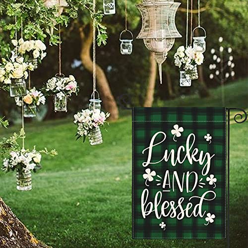 AVOIN colorlife Lucky and Blessed Watercolor Buffalo Plaid Shamrock Garden Flag Double Sided, St Patricks Day Yard Outdoor Flag 12x18 Inch