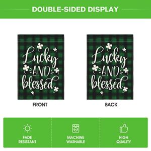 AVOIN colorlife Lucky and Blessed Watercolor Buffalo Plaid Shamrock Garden Flag Double Sided, St Patricks Day Yard Outdoor Flag 12x18 Inch