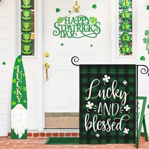 AVOIN colorlife Lucky and Blessed Watercolor Buffalo Plaid Shamrock Garden Flag Double Sided, St Patricks Day Yard Outdoor Flag 12x18 Inch