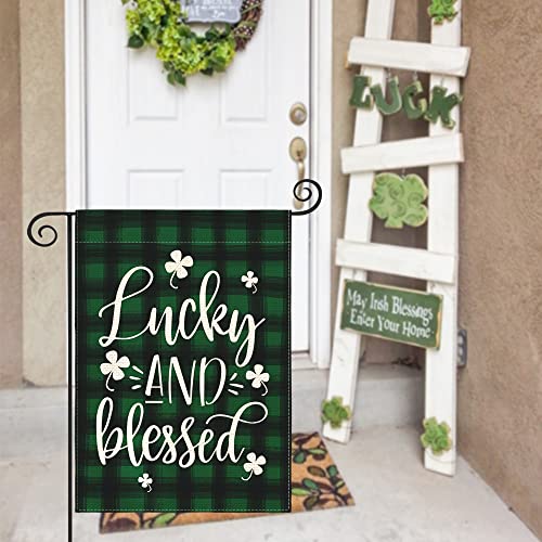 AVOIN colorlife Lucky and Blessed Watercolor Buffalo Plaid Shamrock Garden Flag Double Sided, St Patricks Day Yard Outdoor Flag 12x18 Inch