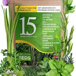 15 Culinary Medicinal Herb Seeds Pack for Planting Indoors and Outdoors - 100% Heirloom, USA Grown, Non GMO - Good for Hydroponic Garden - Arugula, Chives, Cilantro, Italian Basil, Parsley, and More