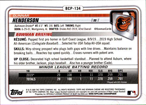 2020 Bowman Chrome Prospects #BCP-134 Gunnar Henderson RC Rookie Baltimore Orioles MLB Baseball Trading Card