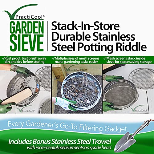 Practicool Garden Potting Mix Sieve - Stainless Steel Riddle - Soil sifting pan - with 8 Interchangeable Filter mesh Sizes - 2,3,4,6,7,9,11,12 mm and Bonus Spade