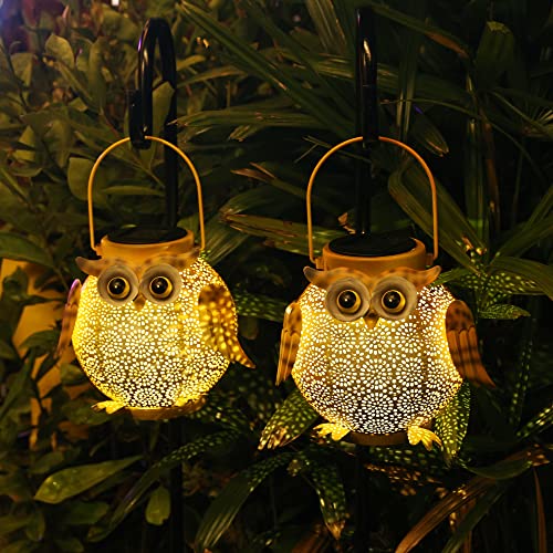 2 Pack Hanging Solar Lanterns - Garden Light Waterproof Metal Decorative Solar Lantern Lights Outdoor for Patio Yard Table Pathway with Owl Pattern