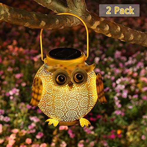 2 Pack Hanging Solar Lanterns - Garden Light Waterproof Metal Decorative Solar Lantern Lights Outdoor for Patio Yard Table Pathway with Owl Pattern