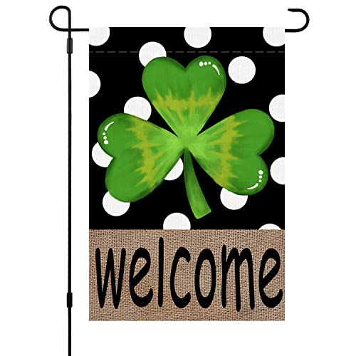 St Patricks Day Welcome Garden Flag Spring Clover 12 x 18 Inch Vertical Double Sided Burlap Polka Dot Shamrock Farmhouse Yard Outdoor Decoration