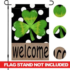 St Patricks Day Welcome Garden Flag Spring Clover 12 x 18 Inch Vertical Double Sided Burlap Polka Dot Shamrock Farmhouse Yard Outdoor Decoration