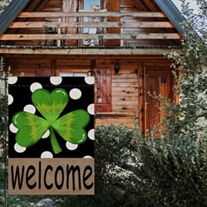 St Patricks Day Welcome Garden Flag Spring Clover 12 x 18 Inch Vertical Double Sided Burlap Polka Dot Shamrock Farmhouse Yard Outdoor Decoration