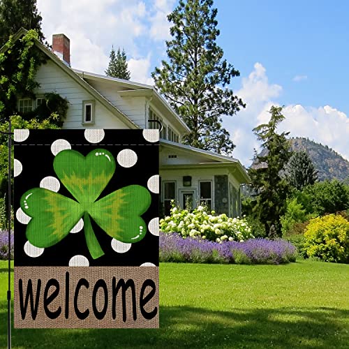 St Patricks Day Welcome Garden Flag Spring Clover 12 x 18 Inch Vertical Double Sided Burlap Polka Dot Shamrock Farmhouse Yard Outdoor Decoration