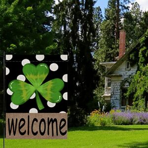 St Patricks Day Welcome Garden Flag Spring Clover 12 x 18 Inch Vertical Double Sided Burlap Polka Dot Shamrock Farmhouse Yard Outdoor Decoration