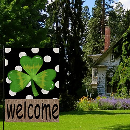 St Patricks Day Welcome Garden Flag Spring Clover 12 x 18 Inch Vertical Double Sided Burlap Polka Dot Shamrock Farmhouse Yard Outdoor Decoration