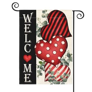 avoin colorlife valentine’s day welcome garden flag 12×18 inch outside double sided, anniversary love heart rustic yard outdoor decoration