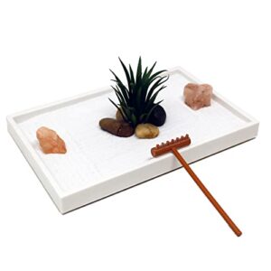 nature’s mark mini zen garden kit for desk with white sand, rake, white base, salt rock and air plant (rectangle)