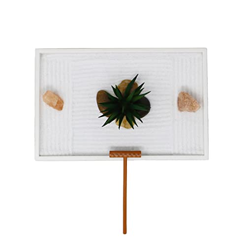 Nature's Mark Mini Zen Garden Kit for Desk with White Sand, Rake, White Base, Salt Rock and Air Plant (Rectangle)