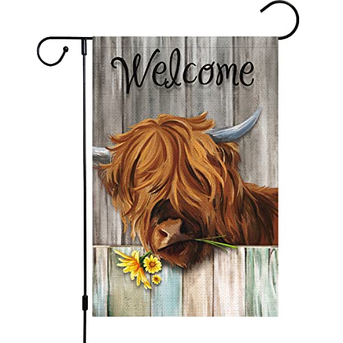 Spring Highland Cow Garden Flag 12x18 Double Sided Burlap, Rustic Farmhouse Scottish Highland Cow with Sunflower Garden Yard Flags Sign Small for Outdoor Outside Decoration (Only Flag)