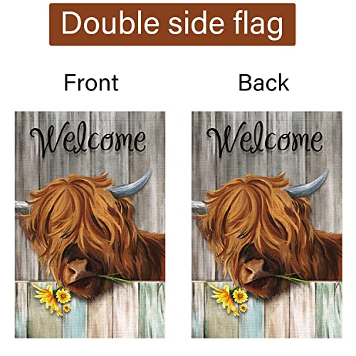 Spring Highland Cow Garden Flag 12x18 Double Sided Burlap, Rustic Farmhouse Scottish Highland Cow with Sunflower Garden Yard Flags Sign Small for Outdoor Outside Decoration (Only Flag)