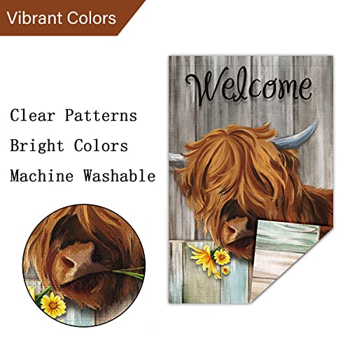 Spring Highland Cow Garden Flag 12x18 Double Sided Burlap, Rustic Farmhouse Scottish Highland Cow with Sunflower Garden Yard Flags Sign Small for Outdoor Outside Decoration (Only Flag)