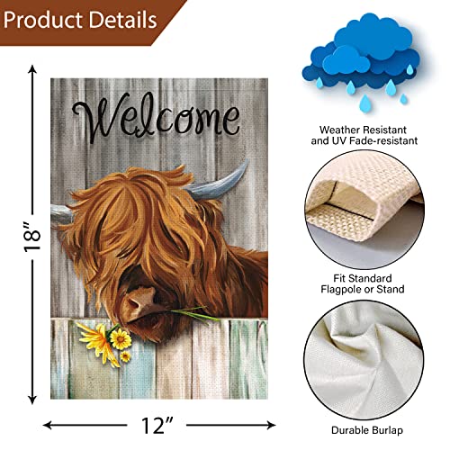 Spring Highland Cow Garden Flag 12x18 Double Sided Burlap, Rustic Farmhouse Scottish Highland Cow with Sunflower Garden Yard Flags Sign Small for Outdoor Outside Decoration (Only Flag)