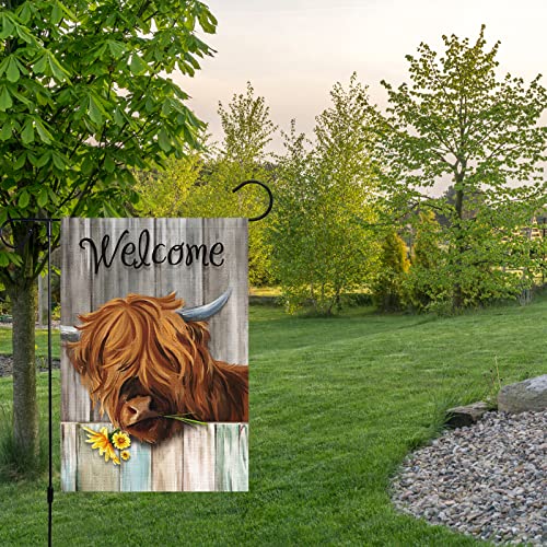 Spring Highland Cow Garden Flag 12x18 Double Sided Burlap, Rustic Farmhouse Scottish Highland Cow with Sunflower Garden Yard Flags Sign Small for Outdoor Outside Decoration (Only Flag)