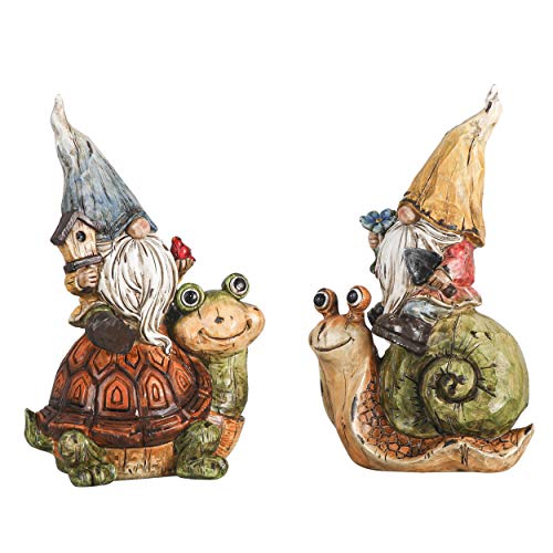 TERESA'S COLLECTIONS Garden Gnomes Statues Decorations for Yard Decor, Set of 2 Cute Gnomes Sitting on Snail & Turtle Garden Gift for Outdoor Yard Patio Lawn Ornaments Housewarming 7.5 Inch