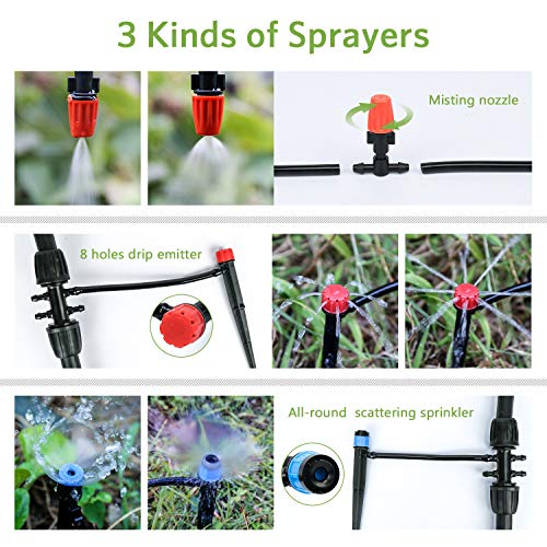 MIXC 226FT Greenhouse Micro Drip Irrigation Kit Automatic Irrigation System Patio Misting Plant Watering System with 1/4 inch 1/2 inch Blank Distribution Tubing Hose Adjustable Nozzle Emitters Sprinkler Barbed Fittings