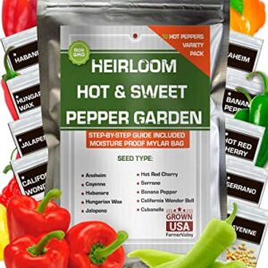 10 Sweet and Hot Pepper Seeds for Gardening Indoors & Outdoors - Non GMO Heirloom Pepper Seeds Variety Pack - Cayenne, Anaheim, California Bell & More