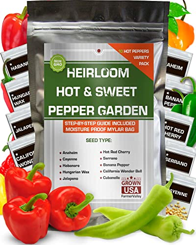 10 Sweet and Hot Pepper Seeds for Gardening Indoors & Outdoors - Non GMO Heirloom Pepper Seeds Variety Pack - Cayenne, Anaheim, California Bell & More