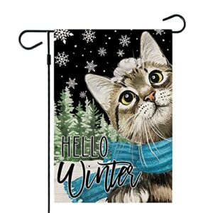 crowned beauty hello winter snow cat garden flag 12×18 inch small double sided yard decorative holiday seasonal outside welcome burlap farmhouse decoration
