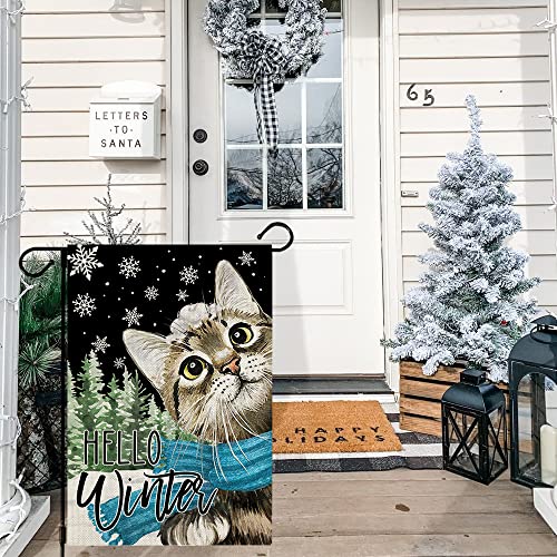 CROWNED BEAUTY Hello Winter Snow Cat Garden Flag 12x18 Inch Small Double Sided Yard Decorative Holiday Seasonal Outside Welcome Burlap Farmhouse Decoration