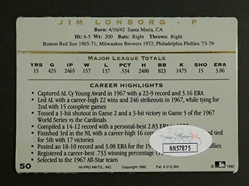 Jim Lonborg Signed Baseball Card with JSA COA