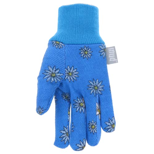 MUD Basic Women's PVC Dotted Palm And Daisy Printed Jersey Garden Glove, Extreme Comfort, Excellent Grip, Durable Wear, Blue, Medium/Large (M61001B-WML),MD61001B-WML